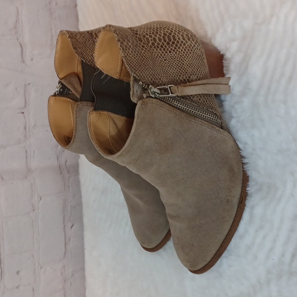 Vionic Taupe Suede & Snake-Print Ankle Heeled Boots